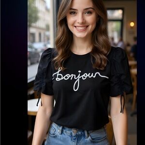 Karl Lagerfeld Black Puff Sleeve Bonjour Tee